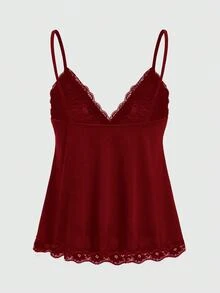 ROMWE Fairycore Spring/Summer Elegant Solid Color Lace Trim Camisole - Burgundy - View 2