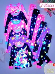 女童甜美可愛多色卡通獨角獸愛心星星印花 UV 夜光圓領套頭長袖長褲針織面料舒適柔軟高彈修身居家穿著 2 件式睡衣套裝 - 彩色 - 查看 1