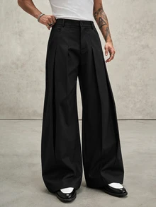 PAVTROS Men's Solid Color Fold Pleated Casual Versatile Daily Wear Long Pants, Goth - Black - View 1