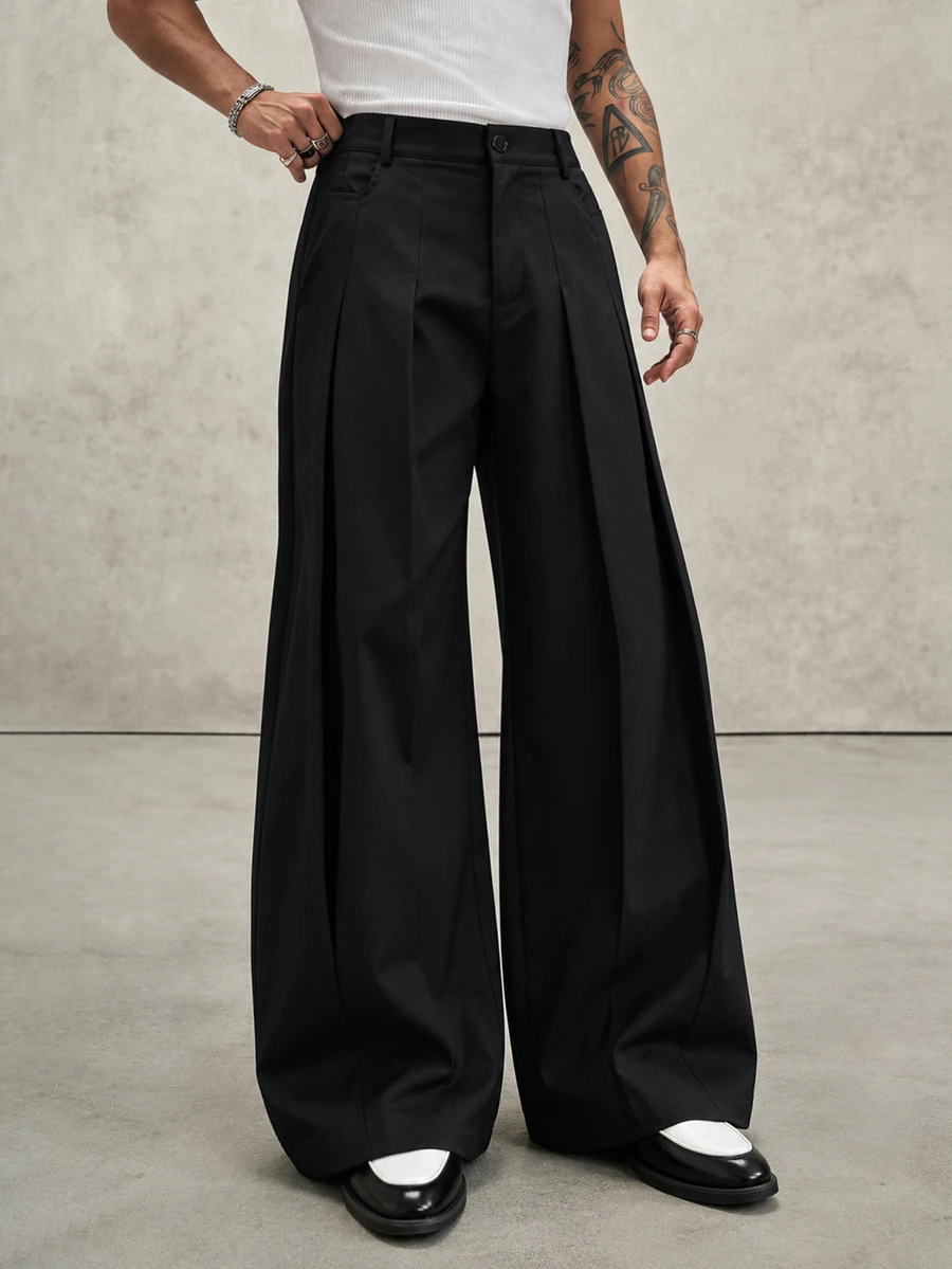 PAVTROS Men's Solid Color Fold Pleated Casual Versatile Daily Wear Long Pants, Goth - Black - View 1