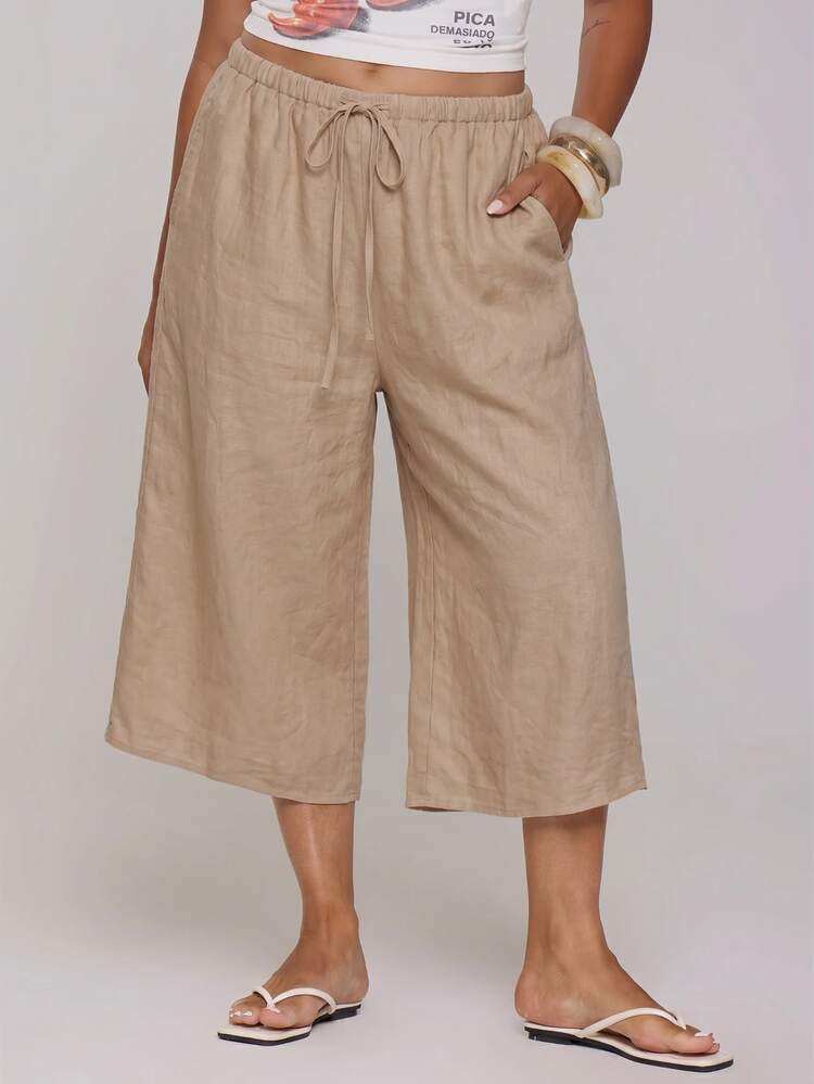MUSERA Linen Feel Tie Front Culottes Beach Summer Holiday Vacation Casual Cute Everyday Spring Cover Up - Apricot - View 2