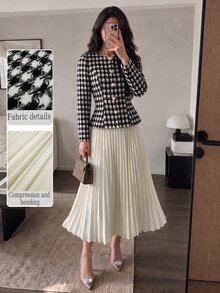 Modelyn Women Elegant 2 Pieces Outfits, Houndstooth Slim Long Sleeve Jacket & High Waist Pleated Skirt Set, Fall Business Casual Dressy Outfit For Wedding - Multicolor - View 9