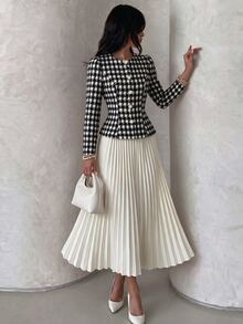 Modelyn Women Elegant 2 Pieces Outfits, Houndstooth Slim Long Sleeve Jacket & High Waist Pleated Skirt Set, Fall Business Casual Dressy Outfit For Wedding - Multicolor - View 6