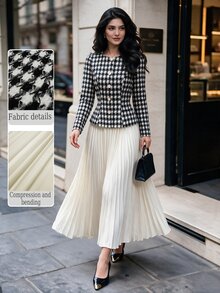 Modelyn Women Elegant 2 Pieces Outfits, Houndstooth Slim Long Sleeve Jacket & High Waist Pleated Skirt Set, Fall Business Casual Dressy Outfit For Wedding - Multicolor - View 1