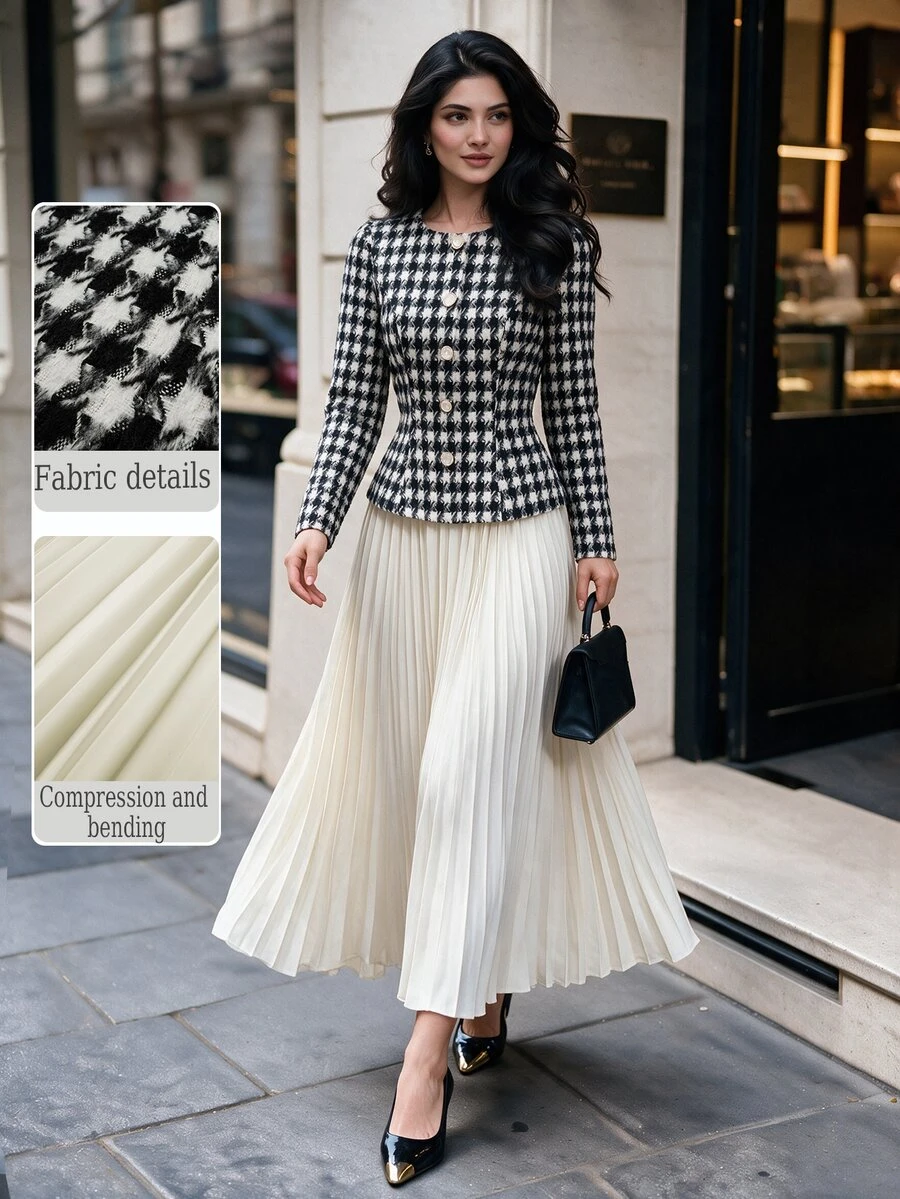 Modelyn Women Elegant 2 Pieces Outfits, Houndstooth Slim Long Sleeve Jacket & High Waist Pleated Skirt Set, Fall Business Casual Dressy Outfit For Wedding - Multicolor - View 1