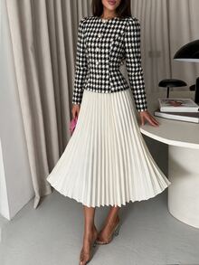 Modelyn Women Elegant 2 Pieces Outfits, Houndstooth Slim Long Sleeve Jacket & High Waist Pleated Skirt Set, Fall Business Casual Dressy Outfit For Wedding - Multicolor - View 3
