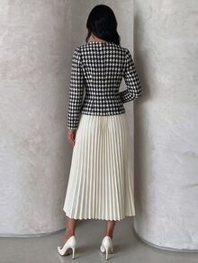 Modelyn Women Elegant 2 Pieces Outfits, Houndstooth Slim Long Sleeve Jacket & High Waist Pleated Skirt Set, Fall Business Casual Dressy Outfit For Wedding - Multicolor - View 2