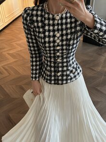 Modelyn Women Elegant 2 Pieces Outfits, Houndstooth Slim Long Sleeve Jacket & High Waist Pleated Skirt Set, Fall Business Casual Dressy Outfit For Wedding - Multicolor - View 7