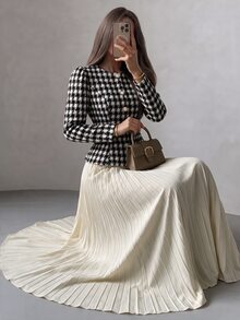 Modelyn Women Elegant 2 Pieces Outfits, Houndstooth Slim Long Sleeve Jacket & High Waist Pleated Skirt Set, Fall Business Casual Dressy Outfit For Wedding - Multicolor - View 4
