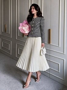Modelyn Women Elegant 2 Pieces Outfits, Houndstooth Slim Long Sleeve Jacket & High Waist Pleated Skirt Set, Fall Business Casual Dressy Outfit For Wedding - Multicolor - View 8