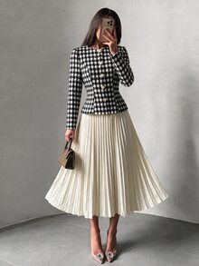 Modelyn Women Elegant 2 Pieces Outfits, Houndstooth Slim Long Sleeve Jacket & High Waist Pleated Skirt Set, Fall Business Casual Dressy Outfit For Wedding - Multicolor - View 5