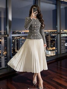 Modelyn Women Elegant 2 Pieces Outfits, Houndstooth Slim Long Sleeve Jacket & High Waist Pleated Skirt Set, Fall Business Casual Dressy Outfit For Wedding - Multicolor - View 10