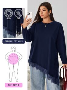 Solflare Women's Plus Size Round Neck Long Sleeve Asymmetrical Hem T-Shirt - Navy Blue - View 1