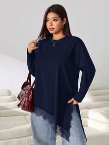 Solflare Women's Plus Size Round Neck Long Sleeve Asymmetrical Hem T-Shirt - Navy Blue - View 6
