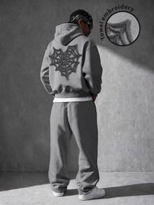 Manfinity EMRG Men's 3D Spider Web Pattern Hooded Long Sleeve Sweatshirt And Drawstring Waist Pants 2 Pieces Set - Grey - View 2