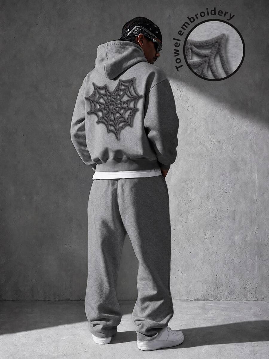 Manfinity EMRG Men's 3D Spider Web Pattern Hooded Long Sleeve Sweatshirt And Drawstring Waist Pants 2 Pieces Set - Grey - View 1