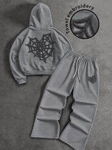Manfinity EMRG Men's 3D Spider Web Pattern Hooded Long Sleeve Sweatshirt And Drawstring Waist Pants 2 Pieces Set - Grey - View 1