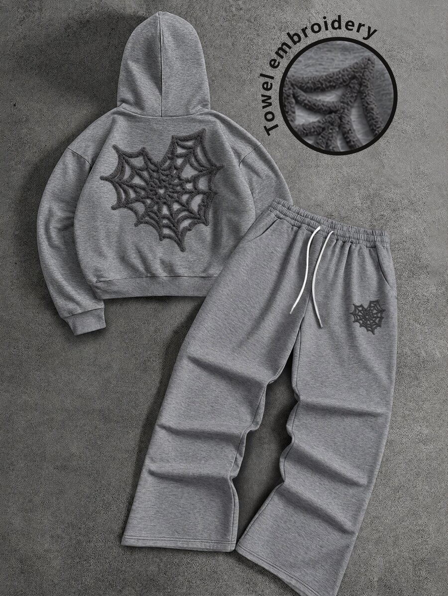 Manfinity EMRG Men's 3D Spider Web Pattern Hooded Long Sleeve Sweatshirt And Drawstring Waist Pants 2 Pieces Set - Grey - View 1