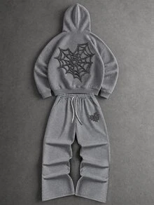 Manfinity EMRG Men's 3D Spider Web Pattern Hooded Long Sleeve Sweatshirt And Drawstring Waist Pants 2 Pieces Set - Grey - View 6