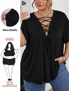 SHEIN CURVE+ Plus Sexy Solid Lace Up Front Tee For Summer, Summer For Women, Western Wear Women, Y2k, Rave - Black - View 1