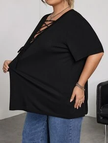 SHEIN CURVE+ Plus Sexy Solid Lace Up Front Tee For Summer, Summer For Women, Western Wear Women, Y2k, Rave - Black - View 3