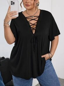 SHEIN CURVE+ Plus Sexy Solid Lace Up Front Tee For Summer, Summer For Women, Western Wear Women, Y2k, Rave - Black - View 9