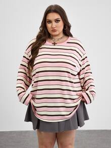SHEIN CURVE+ Plus Size 2026 Autumn Round Neck Off Shoulder Pink Loose 1920s 80s Long, Winter 22W Back To School - Multicolor - View 5