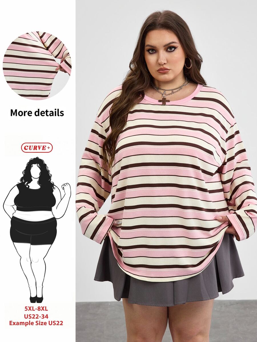 SHEIN CURVE+ Plus Size 2026 Autumn Round Neck Off Shoulder Pink Loose 1920s 80s Long, Winter 22W Back To School - Multicolor - View 1