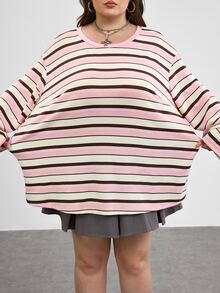 SHEIN CURVE+ Plus Size 2026 Autumn Round Neck Off Shoulder Pink Loose 1920s 80s Long, Winter 22W Back To School - Multicolor - View 3