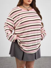 SHEIN CURVE+ Plus Size 2026 Autumn Round Neck Off Shoulder Pink Loose 1920s 80s Long, Winter 22W Back To School - Multicolor - View 4