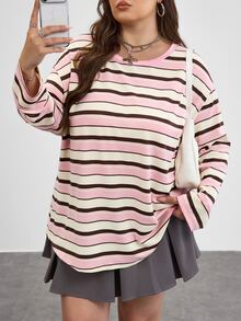 SHEIN CURVE+ Plus Size 2026 Autumn Round Neck Off Shoulder Pink Loose 1920s 80s Long, Winter 22W Back To School - Multicolor - View 7