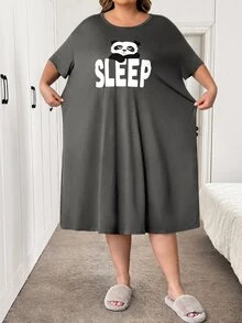 SHEIN CURVE+ 加大码舒适熊猫印花圆领休闲睡裙，夏季 - 灰色 - 查看 14