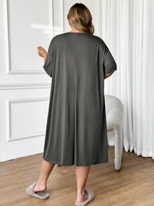 SHEIN CURVE+ 加大码舒适熊猫印花圆领休闲睡裙，夏季 - 灰色 - 查看 2