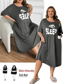 SHEIN CURVE+ 加大码舒适熊猫印花圆领休闲睡裙，夏季 - 灰色 - 查看 12