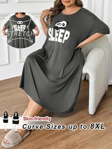 SHEIN CURVE+ 加大码舒适熊猫印花圆领休闲睡裙，夏季 - 灰色 - 查看 11