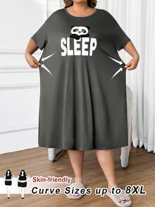 SHEIN CURVE+ 加大码舒适熊猫印花圆领休闲睡裙，夏季 - 灰色 - 查看 13
