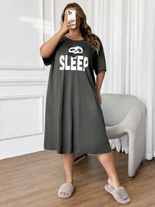 SHEIN CURVE+ 加大码舒适熊猫印花圆领休闲睡裙，夏季 - 灰色 - 查看 8