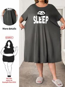 SHEIN CURVE+ 加大码舒适熊猫印花圆领休闲睡裙，夏季 - 灰色 - 查看 1