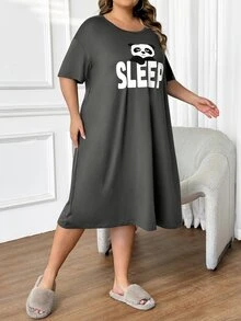 SHEIN CURVE+ 加大码舒适熊猫印花圆领休闲睡裙，夏季 - 灰色 - 查看 4