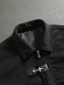 Manfinity Roghcode Men's Corduroy Zipper & Button Lapel Jacket - Black - View 5
