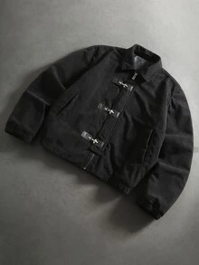 Manfinity Roghcode Men's Corduroy Zipper & Button Lapel Jacket - Black - View 3