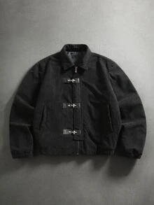 Manfinity Roghcode Men's Corduroy Zipper & Button Lapel Jacket - Black - View 1