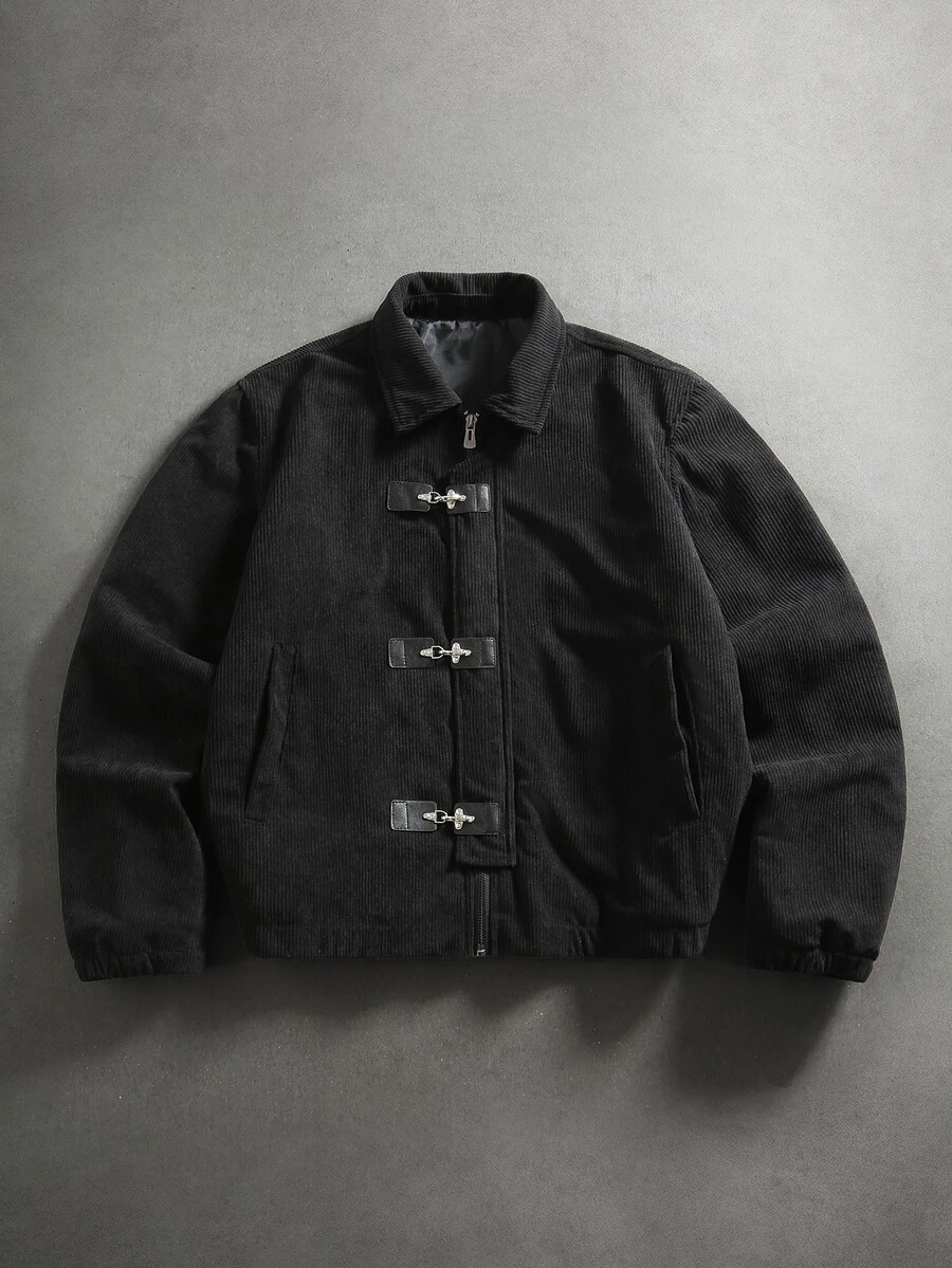Manfinity Roghcode Men's Corduroy Zipper & Button Lapel Jacket - Black - View 1