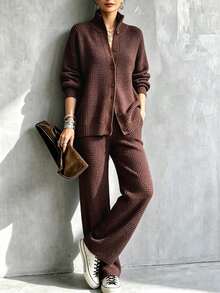 SHEIN Holidaya Women's All-Match Minimalist Fashion Versatile Button Commute Casual Sweater & Pants 2 Pieces Set - Brown - View 5