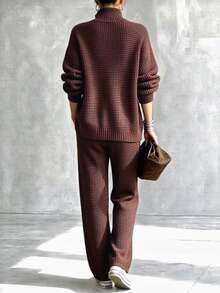 SHEIN Holidaya Women's All-Match Minimalist Fashion Versatile Button Commute Casual Sweater & Pants 2 Pieces Set - Brown - View 3