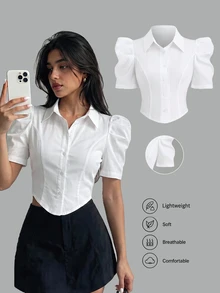 Sweetra Simple White Gigot Sleeve Blouse For Women,Summer Office Commute Wear - White - View 7