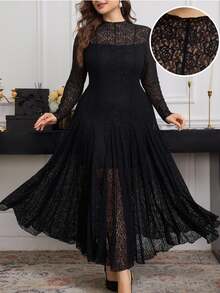 Modelyn Plus Size Long Sleeve Lace Fitted Elegant Minimalist Romantic Dress Fall - Black - View 3