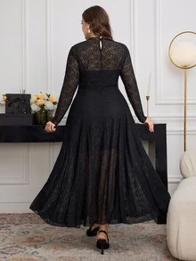 Modelyn Plus Size Long Sleeve Lace Fitted Elegant Minimalist Romantic Dress Fall - Black - View 2