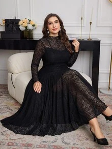 Modelyn Plus Size Long Sleeve Lace Fitted Elegant Minimalist Romantic Dress Fall - Black - View 5