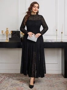 Modelyn Plus Size Long Sleeve Lace Fitted Elegant Minimalist Romantic Dress Fall - Black - View 8